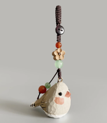 Handmade wood carving cat peach wood plum blossom woven keychain