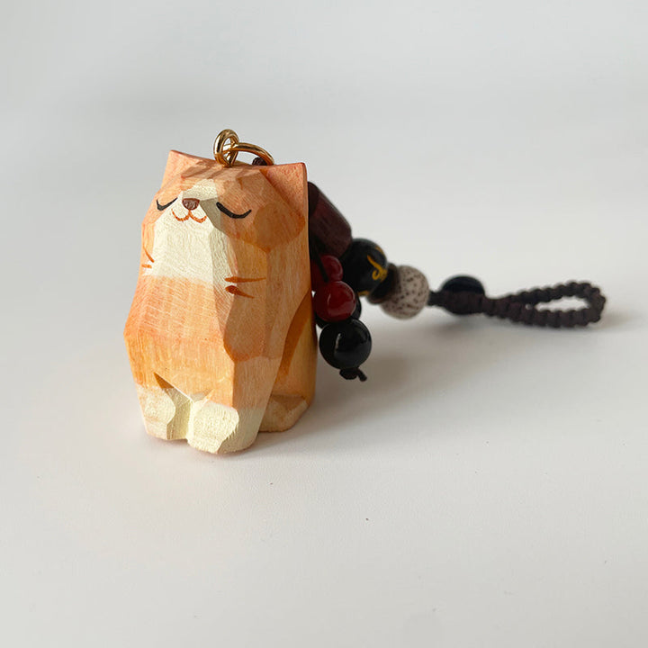 Handmade wood carving cat peach wood plum blossom woven keychain