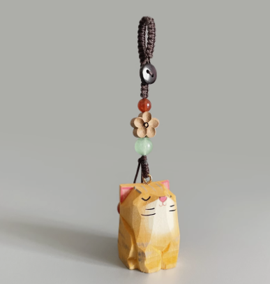 Handmade wood carving cat peach wood plum blossom woven keychain