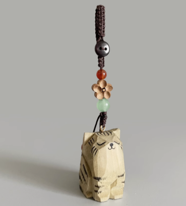 Handmade wood carving cat peach wood plum blossom woven keychain