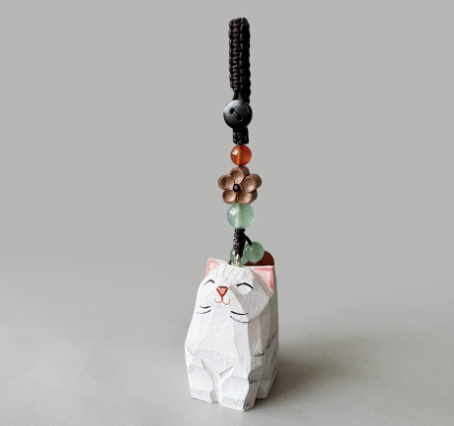 Handmade wood carving cat peach wood plum blossom woven keychain