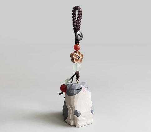 Handmade wood carving cat peach wood plum blossom woven keychain