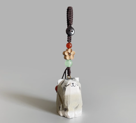 Handmade wood carving cat peach wood plum blossom woven keychain