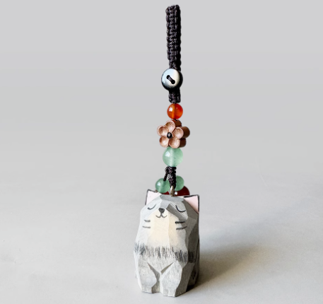 Handmade wood carving cat peach wood plum blossom woven keychain