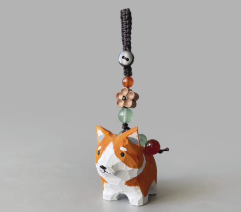 Handmade wood carving cat peach wood plum blossom woven keychain