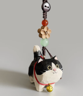 Handmade wood carving cat peach wood plum blossom woven keychain