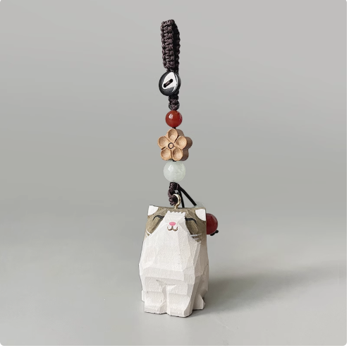 Handmade wood carving cat peach wood plum blossom woven keychain