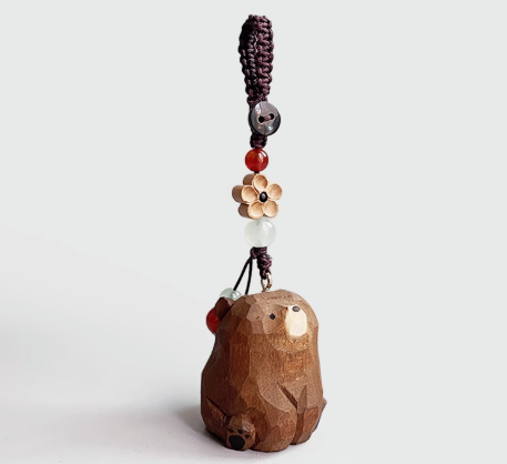 Handmade wood carving cat peach wood plum blossom woven keychain